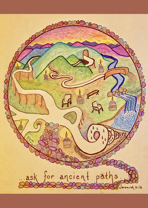 Ancient Paths Greeting Card featuring the drawing Ancient Paths by Karen Nice-Webb