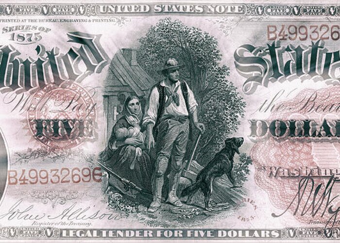 Travelpixpro Greeting Card featuring the digital art Andrew Jackson 1875 Woodchopper American Five Dollar Bill Curreny Starburst Artwork by Shawn O'Brien