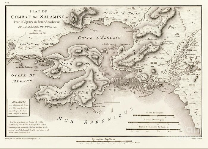 Map Greeting Card featuring the drawing Antique Map Of The Battle Of Salamis 480 Bc by Jean Denis Barbie Du Bocage