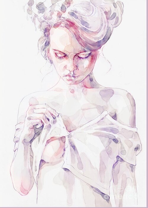 Aquarelle Greeting Card featuring the painting Aquarelle sensual portrait of a girl by Dimitar Hristov