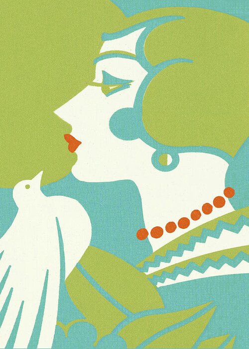 Accessories Greeting Card featuring the drawing Art Deco Woman With Bird by CSA Images
