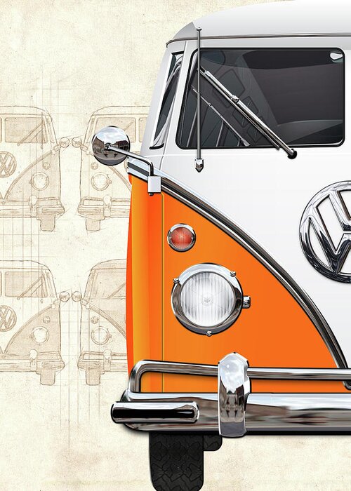 ‘volkswagen Type 2’ Collection By Serge Averbukh Greeting Card featuring the digital art Volkswagen Type - Orange and White Volkswagen T1 Samba Bus over Vintage Sketch by Serge Averbukh