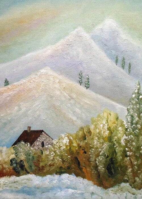 Snowy Landscape Greeting Card featuring the painting After The Ice Storm by Angeles M Pomata