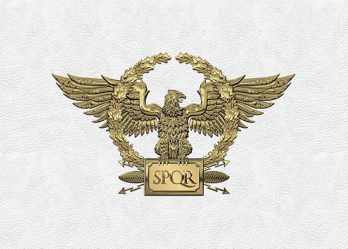 ‘treasures Of Rome’ Collection By Serge Averbukh Greeting Card featuring the digital art Gold Roman Imperial Eagle - S P Q R Special Edition over White Leather by Serge Averbukh