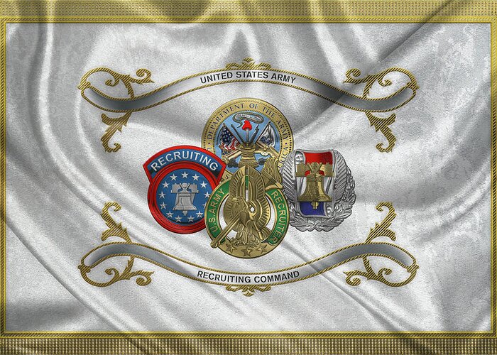 Military Insignia & Heraldry By Serge Averbukh Greeting Card featuring the digital art Army Recruiting Command - U S A R E C Insignia with Recruiter Identification Badge over Flag by Serge Averbukh