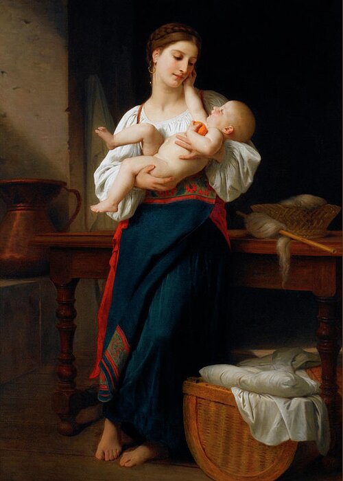 Mother And Child Greeting Card featuring the painting Mother and Child by William Adolphe Bouguereau by Rolando Burbon