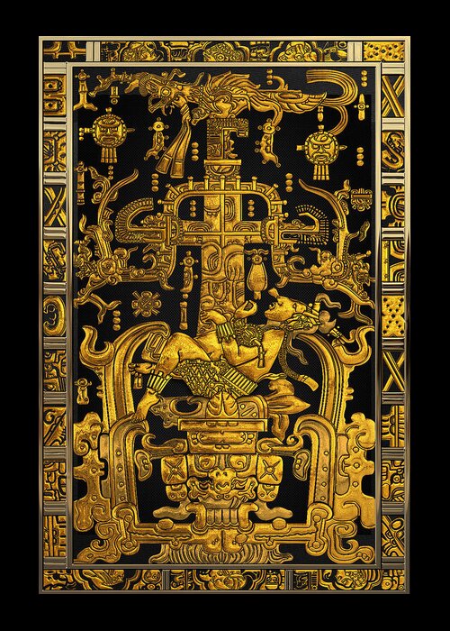 ‘treasures Of Pre-columbian America’ Collection By Serge Averbukh Greeting Card featuring the digital art Lid of The Great Tomb of Pakal - Gold Palenque Astronaut over Black No.1 by Serge Averbukh