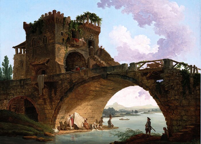 The Ponte Salario Greeting Card featuring the painting The Ponte Salario by Hubert Robert by Rolando Burbon