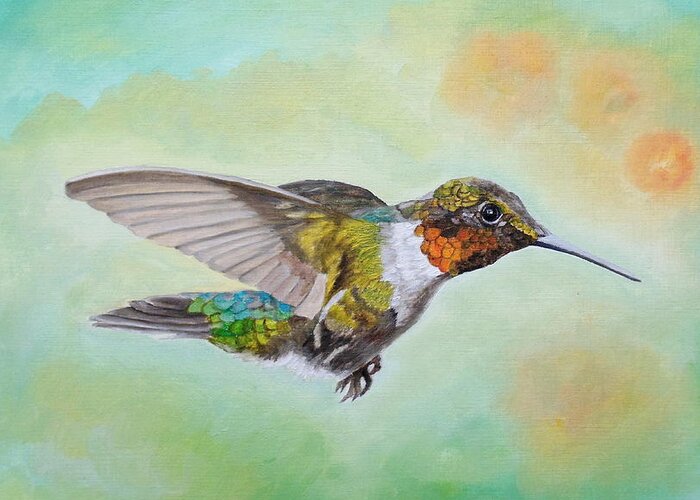 Hummingbird Greeting Card featuring the painting Motley Flying Hummer by Angeles M Pomata