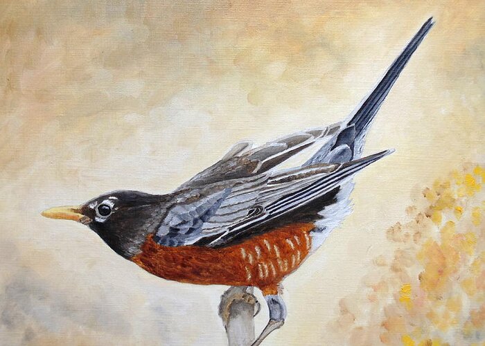 American Robin Greeting Card featuring the painting Morning Stretch American Robin by Angeles M Pomata