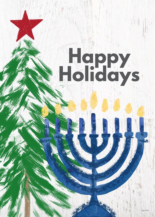 Holidays Greeting Card featuring the mixed media Happy Holidays Tree and Menorah- Art by Linda Woods by Linda Woods