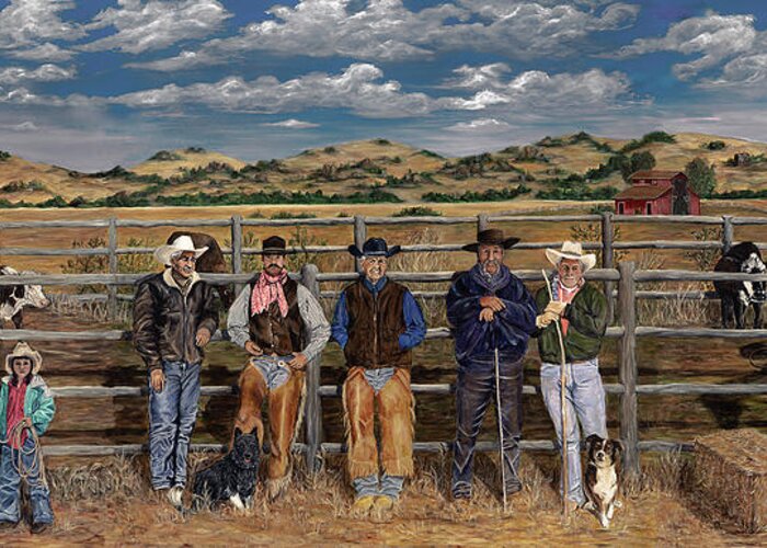 Cowboys Latinos Cowgirl Australian Sheperd Horse Cattle Ranching Idaho Dogs Boise Foothills Greeting Card featuring the painting At the End of the Day by Bonnie Peacher