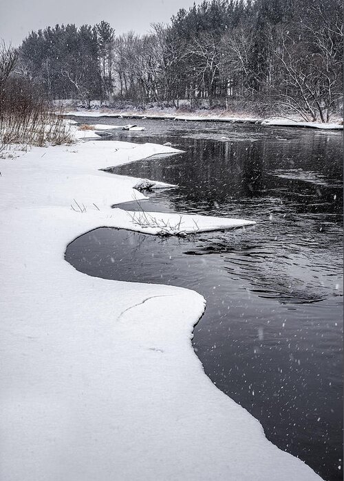 Snow Ice Yahara River Stoughton Wi Wisconsin Dane Vertical Scenic Landscape Cold Snowfall Winter Blizzard B&w Black And White Curvy Greeting Card featuring the photograph At the Yahara River Bend - snowy scene south of Stoughton WI by Peter Herman