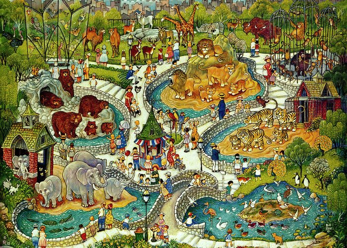 At The Zoo Greeting Card featuring the painting At The Zoo by Bill Bell