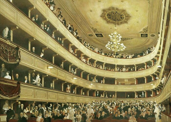 Gustav Klimt Greeting Card featuring the painting Auditorium in the 'Altes Burgtheater', the old Court Theatre, replaced by a new building in 1888. by Gustav Klimt -1862-1918-