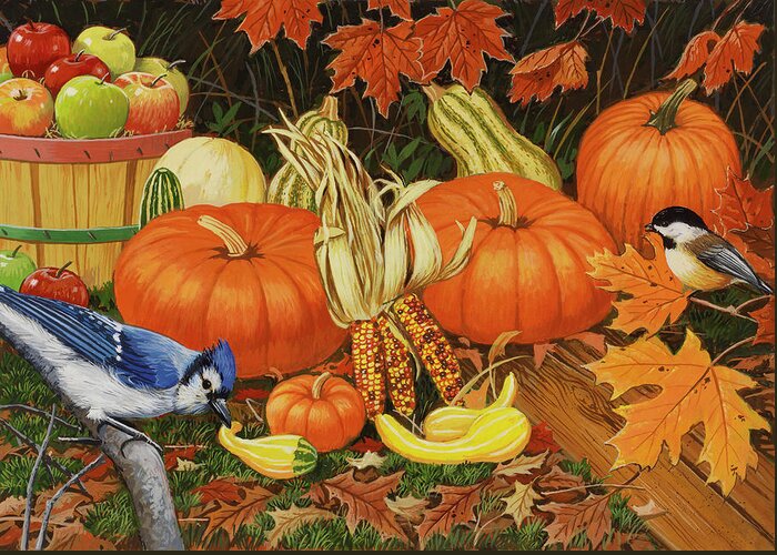 Birds Greeting Card featuring the painting Autumn Bounty by William Vanderdasson