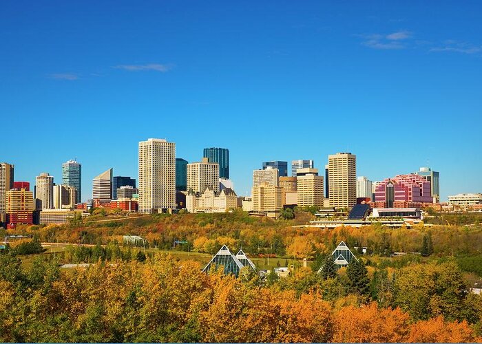 Downtown District Greeting Card featuring the photograph Autumn City Skyline Of Edmonton, Alberta by Design Pics