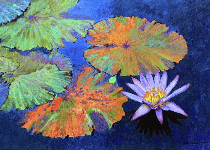 Water Lily Greeting Card featuring the painting Autumn Colors on the Pond by John Lautermilch