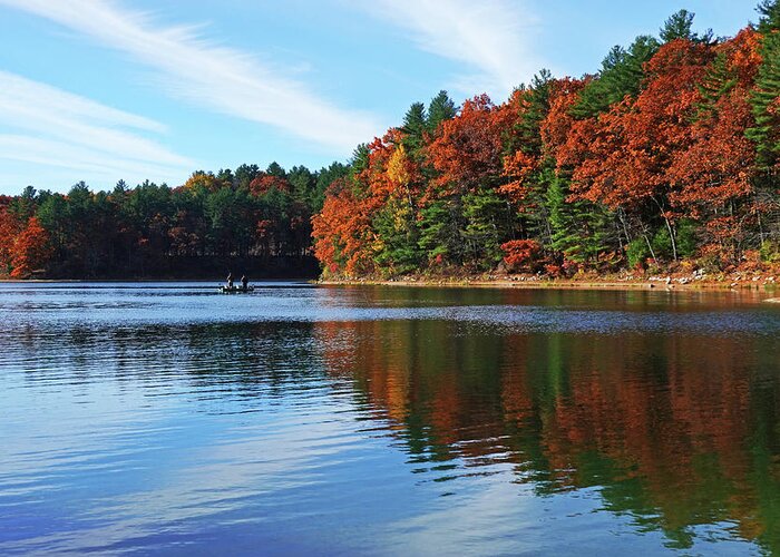 Concord Greeting Card featuring the photograph Autumn on Walden Pond Concord MA Lined Clouds by Toby McGuire