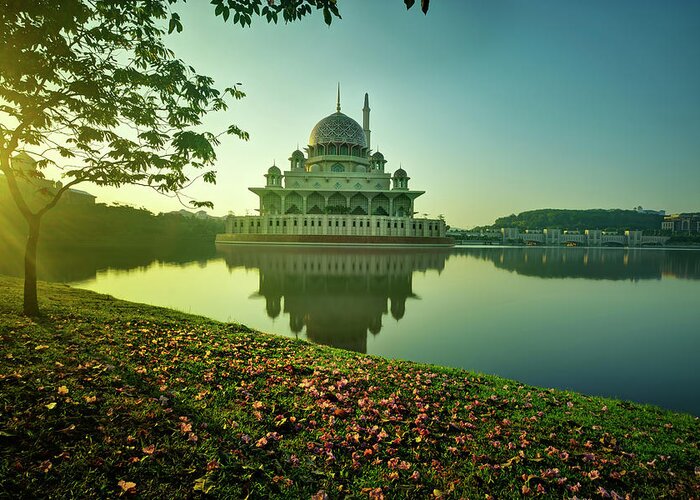 Tranquility Greeting Card featuring the photograph Autumn With Mosque Floating On The River by Tuah Roslan