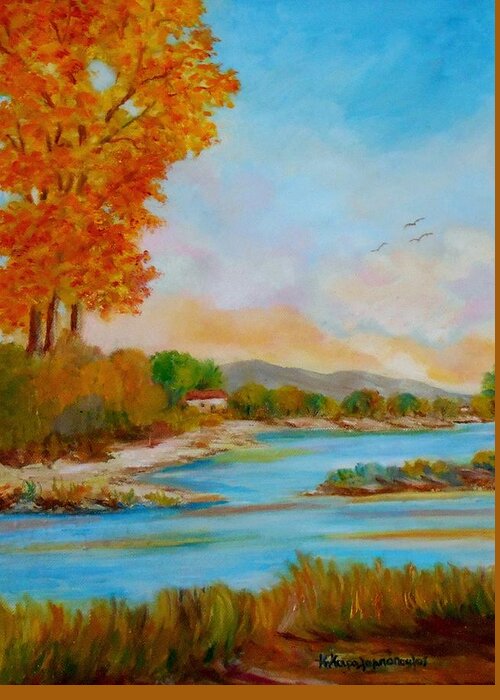 Landscapes Greeting Card featuring the painting Autumnal Sunset by Konstantinos Charalampopoulos