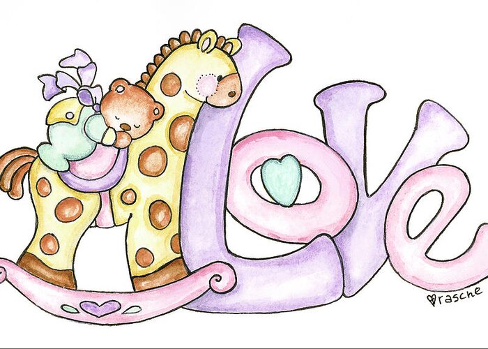 ?love?
Teddy Bear Riding A Rocking Horse. Greeting Card featuring the painting Baby - Love by Shelly Rasche