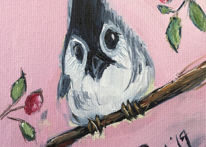 Titmouse Greeting Card featuring the painting Baby Tufted Tit Mouse by Roxy Rich