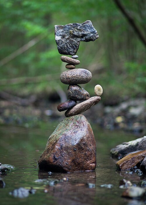 Meditation Zen Yoga Mindfulness Stones Nature Land Art Balancing Sweden Greeting Card featuring the sculpture Balancing art #18 by Pontus Jansson