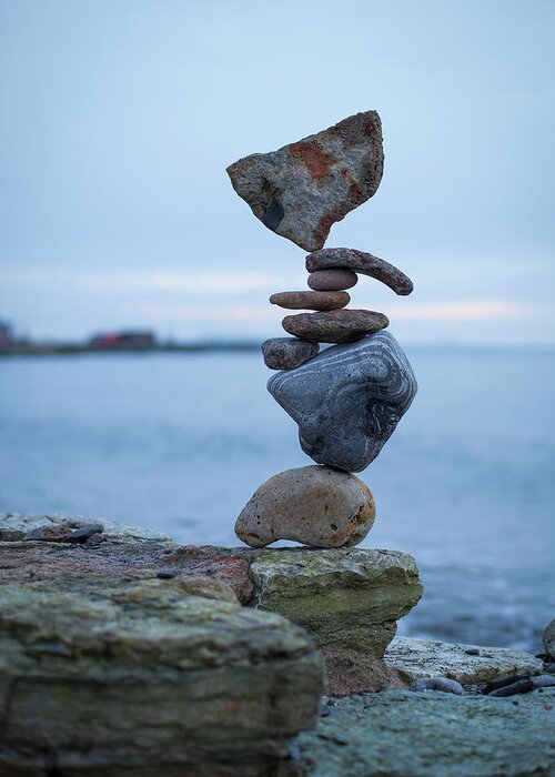 Meditation Zen Yoga Mindfulness Stones Nature Land Art Balancing Sweden Greeting Card featuring the sculpture Balancing art #31 by Pontus Jansson