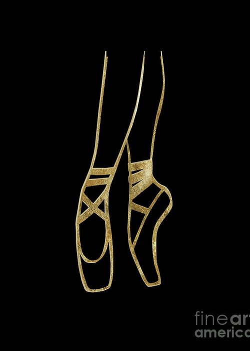 Ink-pen Greeting Card featuring the mixed media Ballet Dancer Gold on Black #1 #minimal #drawing #decor #art by Anitas and Bellas Art