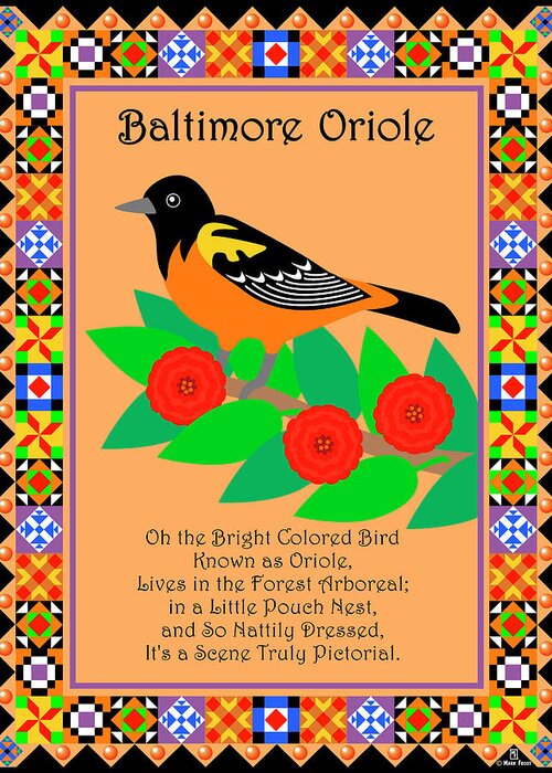 Baltimore Oriole Bird Poem Quilted Border Greeting Card featuring the digital art Baltimore Oriole Quilt by Mark Frost