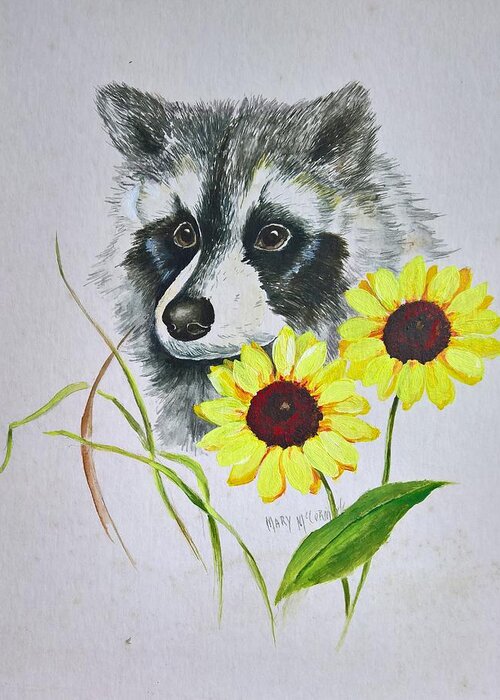 Raccoons Greeting Card featuring the painting Bandit and the Sunflowers by ML McCormick