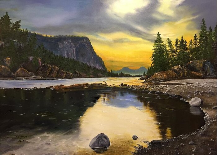 Banff Greeting Card featuring the painting Bow River Sunrise by Sharon Duguay
