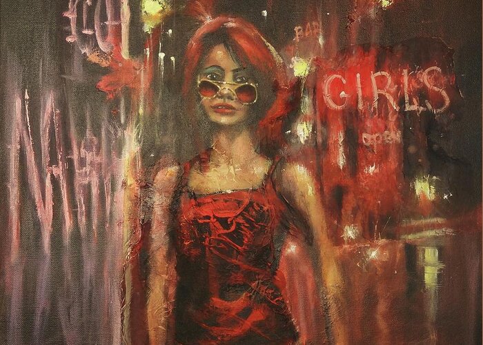 City At Night Greeting Card featuring the painting Bar Girl by Tom Shropshire
