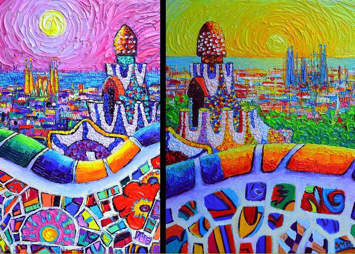 Barcelona Greeting Card featuring the painting BARCELONA VIEW FROM PARK GUELL modern impressionist impasto abstract cityscapes Ana Maria Edulescu by Ana Maria Edulescu