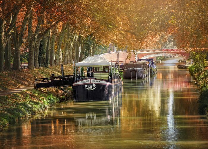 Toulouse Greeting Card featuring the photograph Barges on Canal de Brienne Toulouse France by Carol Japp