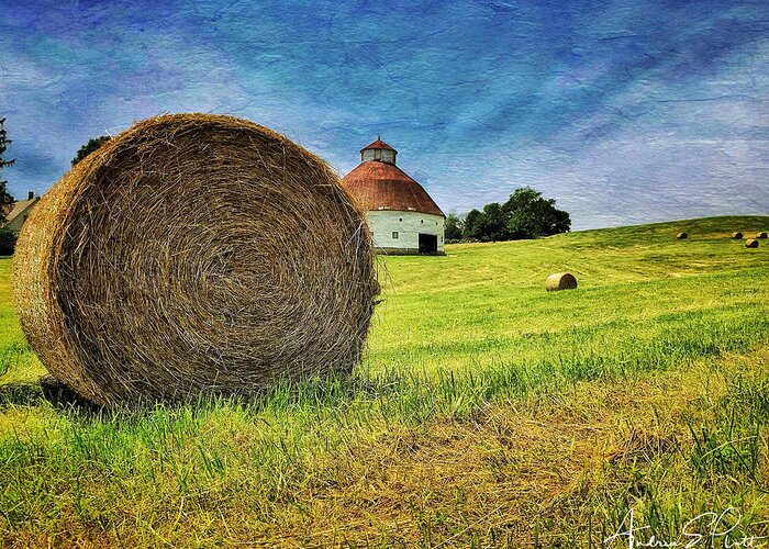 Round Barn Greeting Card featuring the photograph Barn and Bales All Around by Andrea Platt