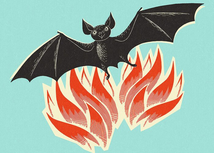 Animal Greeting Card featuring the drawing Bat Flying Out of Flames by CSA Images