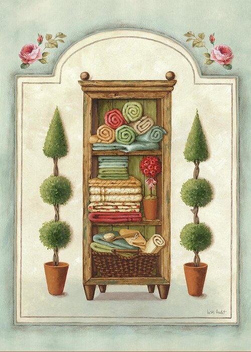 Cabinet With Towels Greeting Card featuring the painting Bathroom Linen by Lisa Audit