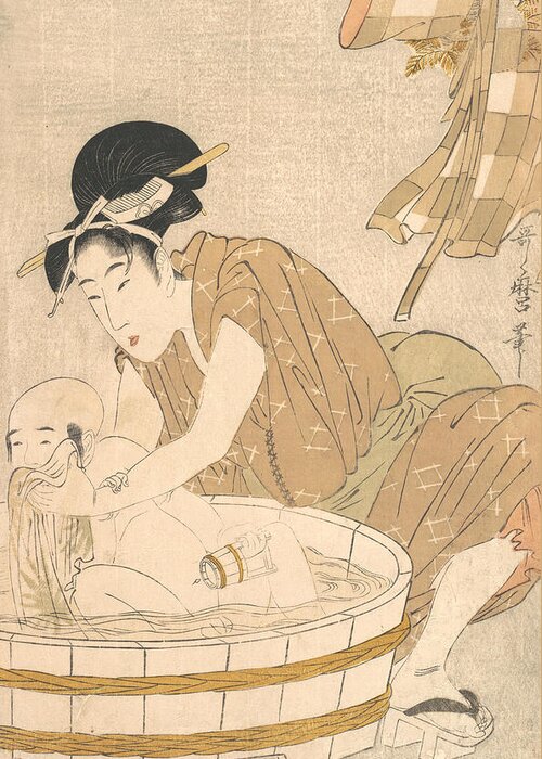 19th Century Art Greeting Card featuring the relief Bathtime by Kitagawa Utamaro