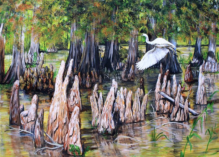 Bayou Greeting Card featuring the painting Bayou With Great White Egret by Karl Wagner