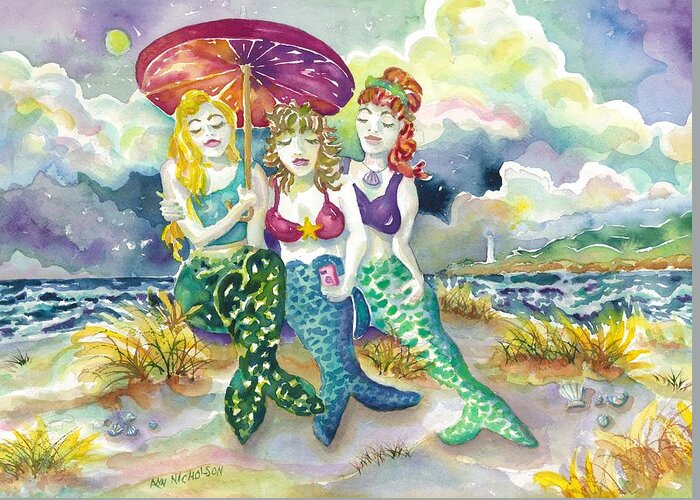 Mermaids Greeting Card featuring the painting Mermaid Beach Selfie by Ann Nicholson