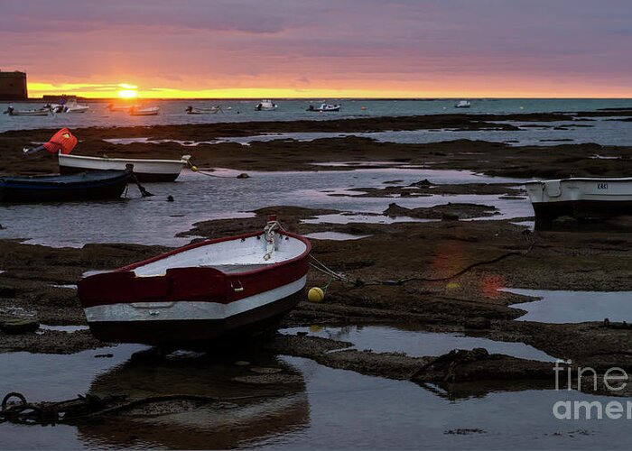 Relax Greeting Card featuring the photograph Beached Boats at Sunset Cadiz Spain by Pablo Avanzini