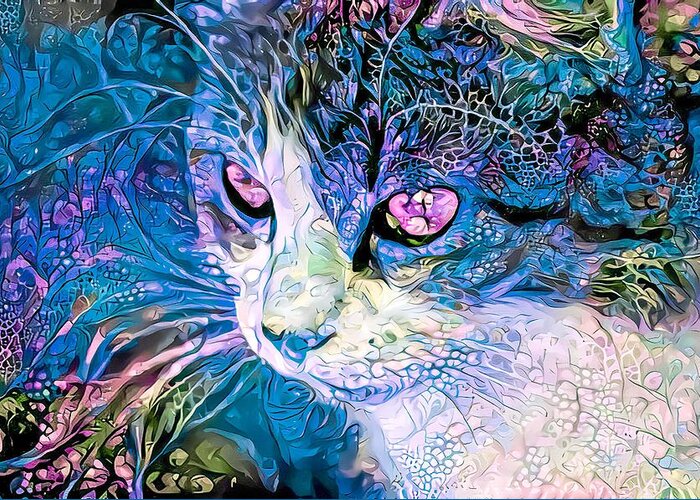 Blue Greeting Card featuring the digital art Beautiful Cat Blue by Don Northup