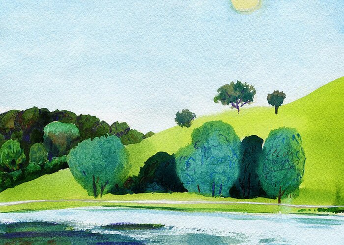 Pond Greeting Card featuring the digital art Beautiful Watercolor Of Public Park by Artsandra