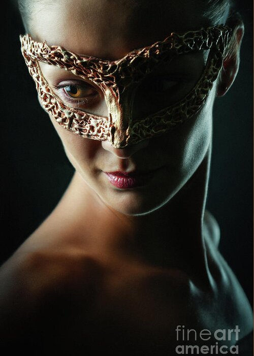 Art Greeting Card featuring the photograph Beauty model woman wearing masquerade carnival mask by Dimitar Hristov
