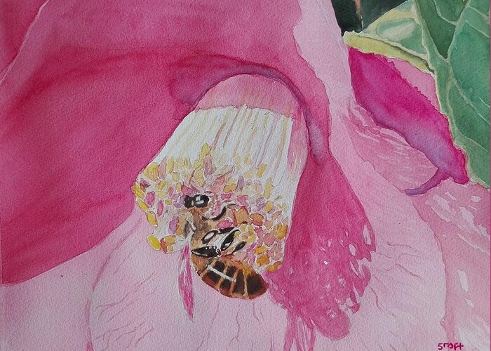 Bee Greeting Card featuring the painting Bee and Camelia by Sandie Croft