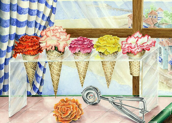 Ice Cream Shop With Begonias In Cones Instead Of Ice Cream Greeting Card featuring the painting Begonias A La Mode by Charlsie Kelly