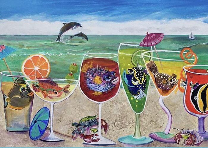 Beach Greeting Card featuring the painting BestFINS Beach Party II by Linda Kegley