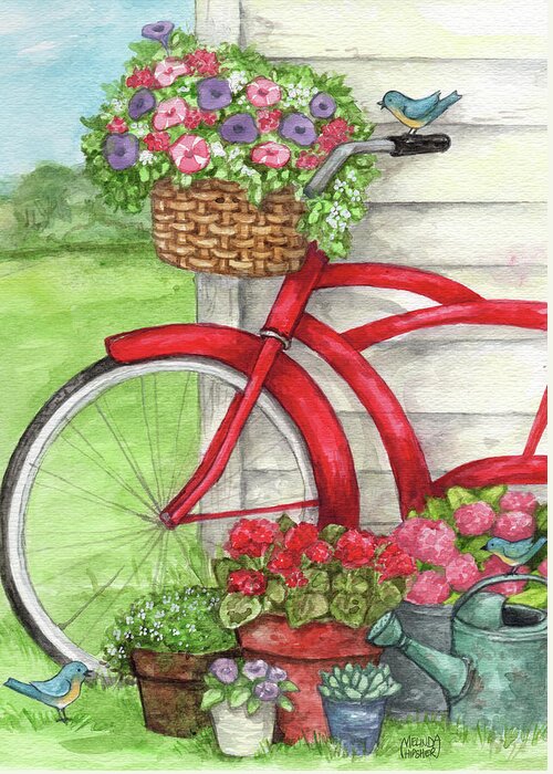 Bike With Birds And Flowers Flag Greeting Card featuring the painting Bike With Birds And Flowers Flag by Melinda Hipsher